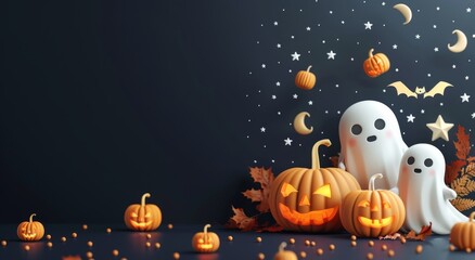 3D Whimsical Halloween with ghost and Jack O Lantern on dark background, copy space