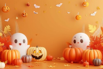 Adorable vibrant orange Halloween background with ghosts, pumpkins, bats, and autumn leaves., copy space for text