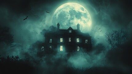 An atmospheric silhouette of an eerie haunted house against a bright full moon, with bats silhouetted as they fly past.
