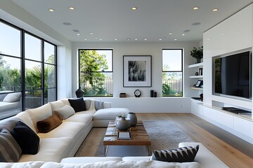 Modern living room featuring a spacious white sofa and a large television