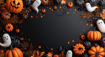 Adorable Halloween background with pumpkins, ghosts, bats  on a black background., copy space for text