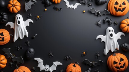 Whimsical Halloween background with pumpkins, ghosts, and bats., copy space for text
