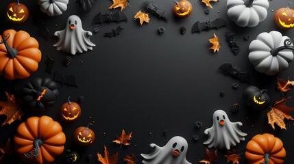 Adorable 3D cartoon halloween theme with ghost, Jac, and bat on black background, copy space for text