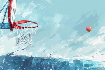 Basketball hoop and ball on blue background.