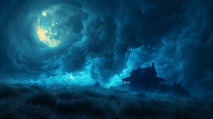 Fototapeta premium Behold a distant view of a haunted house silhouette against a backdrop of a glowing full moon and swirling clouds.