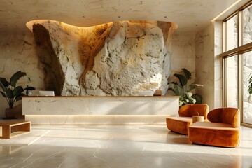 Stone wall room with couch and chair