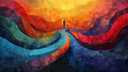A person standing at a crossroads of multiple roads, symbolizing their life journey and various choices. An elegant painting style with vibrant colors representing different paths. 