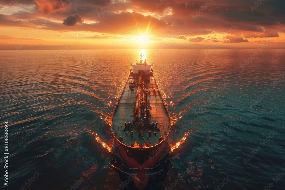 Poster a large cargo ship navigating across a vast body of water. suitable for transportation and shipping 