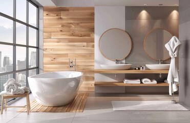 A minimalist bathroom with wooden wall panels, grey tiles on the floor and ceiling, an elegant freestanding bathtub in white color in the style of white