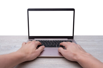 Hands typing on laptop with isolated screen for mockup, web page presentation. Modern workspace...