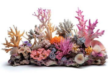 A diverse assembly of colorful coral species artistically arranged, isolated on a white background