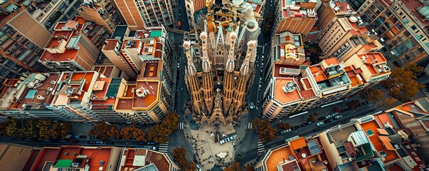 Fototapeta premium Aerial view of the Sagrada Familia, Barcelona, Spain.