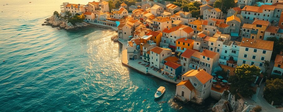 Aerial drone view of the old and historical center of Primosten, Sibenik, Croatia.