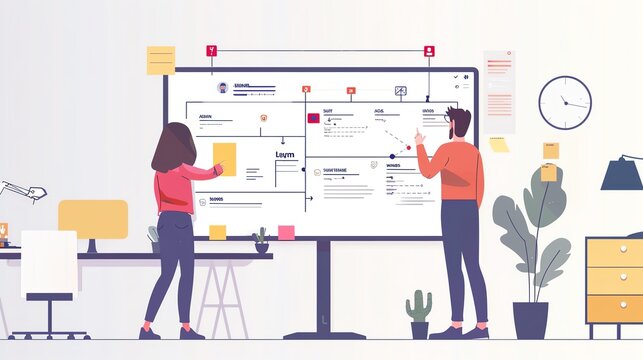 A pair of executives reviewing a detailed project timeline on a large digital whiteboard, pointing at key milestones