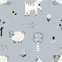 Farm animals, seamless countryside pattern in Scandinavian style. Domestic livestock in country, village. Rural repeating print, texture design, cute sheep, goat. Flat vector illustration for textile © Good Studio
