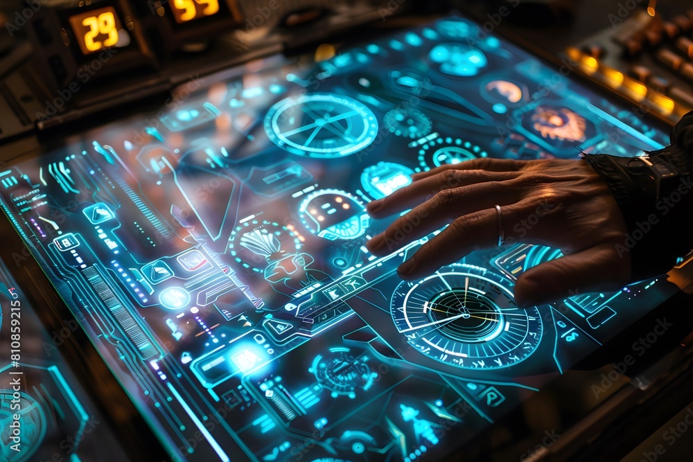 Poster person using touch screen to operate computer