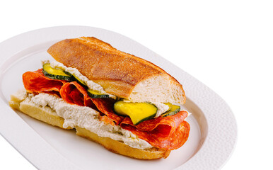 Gourmet pepperoni and vegetable sandwich on white plate