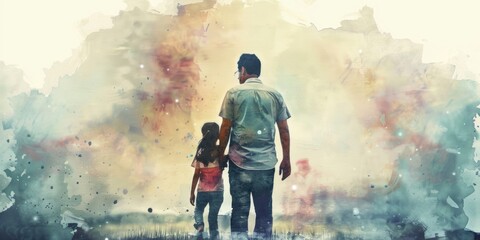 A man and a little girl standing in a field. Suitable for family or outdoor activities concepts
