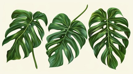 The tropical monstera leaves on a white background are a beautiful botanical design element. They are an exotic philodendron fresh and dry leaf in a realistic style, with a palm forest tropic jungle