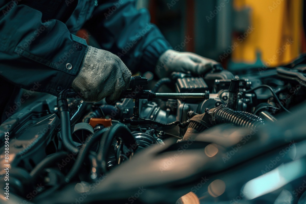 Wall mural A man is seen working on a car engine in a garage. Ideal for automotive repair or DIY concept