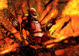 A flamethrower warrior with a stylish hairstyle and beard, in armor and two flamethrowers releases fire against the background of a fire and burning buildings. 2d illustration