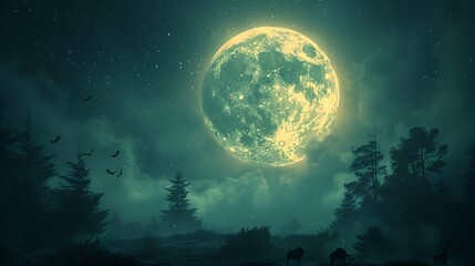 Dive into a mystical scene where a radiant full moon hangs in a starry sky, with dark bats fluttering around.