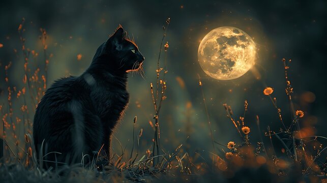Dive into a slightly eerie scene where a sleek black cat gazes calmly from a shadowy fence under a luminous moon.