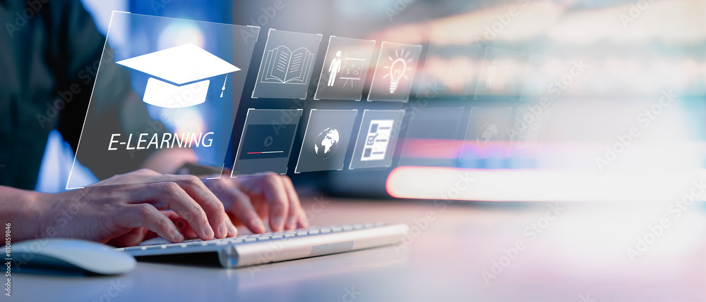 Aufkleber concept of online education. man use online education training and e-learning webinar on internet fo