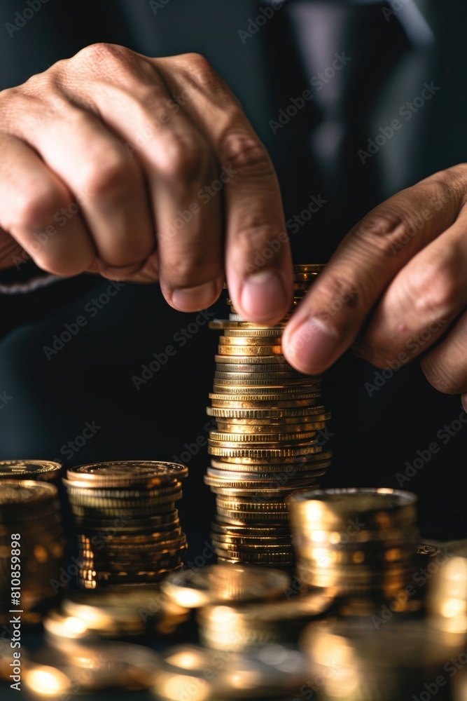 Poster businessman in formal attire adding to savings. suitable for finance concepts
