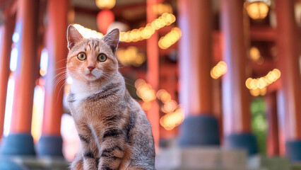 日本の由緒ある神社と美しい四季に佇む猫
