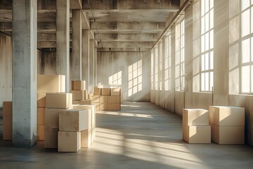 Boxes stacked in large room with windows and concrete floor