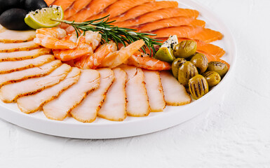 Assorted seafood platter with smoked salmon and shrimp
