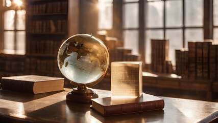Crystal glass globe with  books and library background for environment and conservation. . Earth crystal glass globe ball. AI generated image, ai