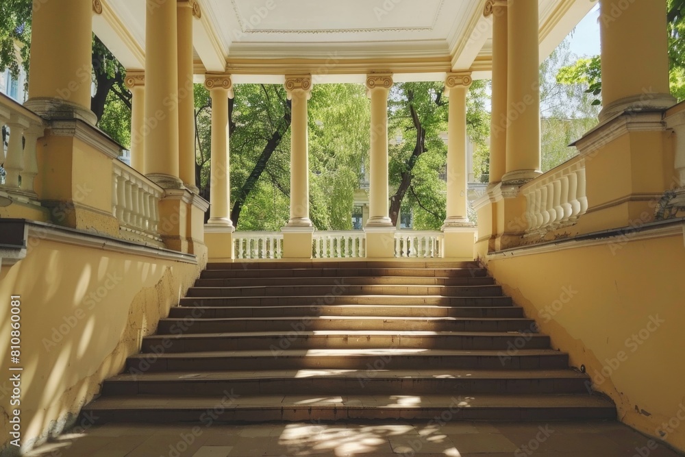 Poster staircase leading up to a building entrance. suitable for architectural projects