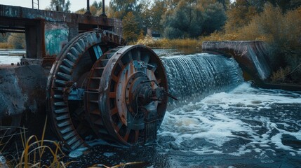 A large water wheel in the middle of a river. Perfect for environmental or industrial concepts