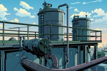 Cartoon illustration of a factory with pipes. Suitable for industrial concepts