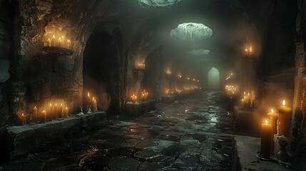 Enter a dimly lit chamber where flickering candles cast long, ghostly shadows across old stone walls.