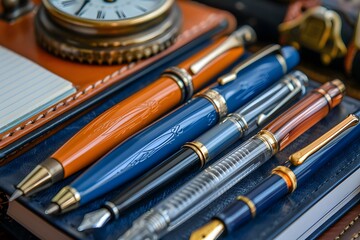 Many pens and a clock on a desk