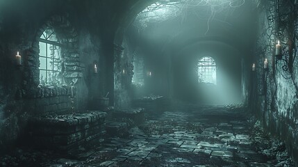 Enter a dimly lit chamber where flickering candles cast long, ghostly shadows across old stone walls.