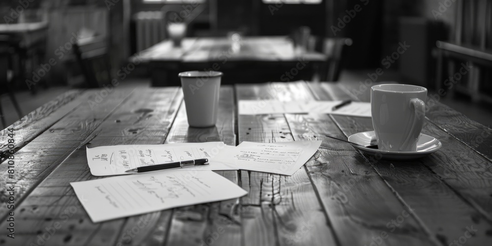 Poster a table with a cup of coffee and papers. suitable for office or workspace concept