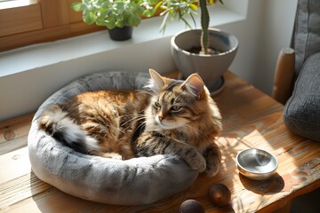 A cat resting peacefully in a cozy cat bed
