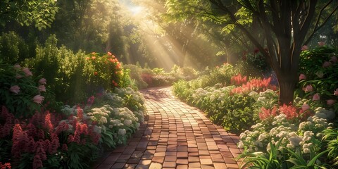 Garden path bordered with flowers shrubs and glowing in sunlight, peaceful environment, mental health, soothing mood. Brick walkway, blooms, greenery, leaves.