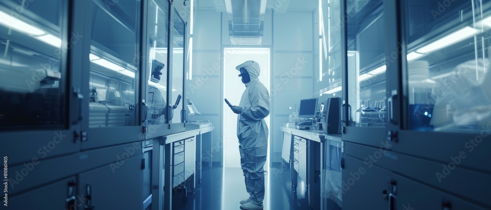 Poster an employee in protective clothing and a digital tablet computer perform a quality control check thr