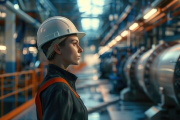 A woman wearing a hard hat in a factory setting. Suitable for industrial and construction concepts