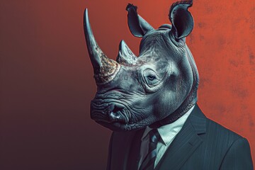 A man wearing a rhino mask with a suit. Suitable for costume parties or humorous concepts