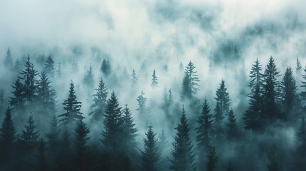 Experience a misty morning in a mountain forest, where the fog creates a soft, ethereal atmosphere.