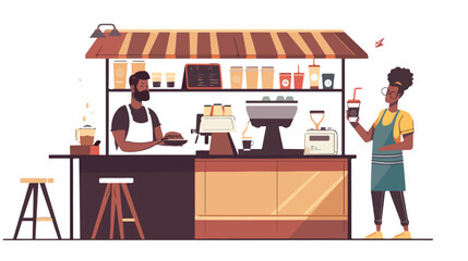 Black skin guy barista work at street coffeeshop Vector