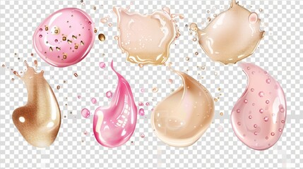A set of realistic cosmetic cream and scrub smear modern illustrations. A gel, a scrub with small grains and particles, and a cosmetic face mask or serum texture smudge swatch isolated on transparent