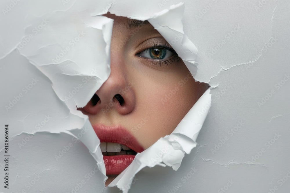 Poster close up of person's face visible through hole in wall. suitable for concepts of curiosity and disco