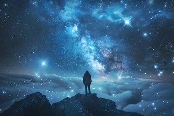 A person on a mountain gazing at stars